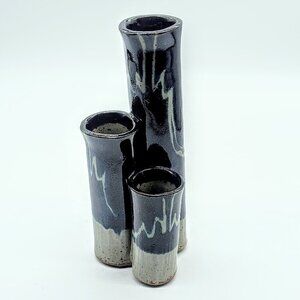 Handmade Blue Grey Glazed Drip Triple Tube Ceramic Pottery Vase